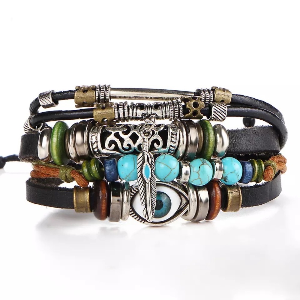 REAL LEATHER  MEN EYES EVIL EYE HANDMADE LEATHER MULTI-LAYER ADJUSTABLE. UNISEX